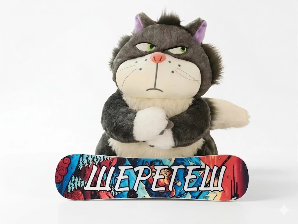 Игрушечный кот держит миниатюрный сноуборд с яркой графикой Шерегеша